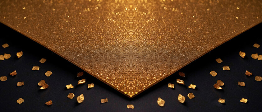 This image features a sophisticated blend of golden glitter sprinkled across a dark surface, conveying luxury and exclusivity