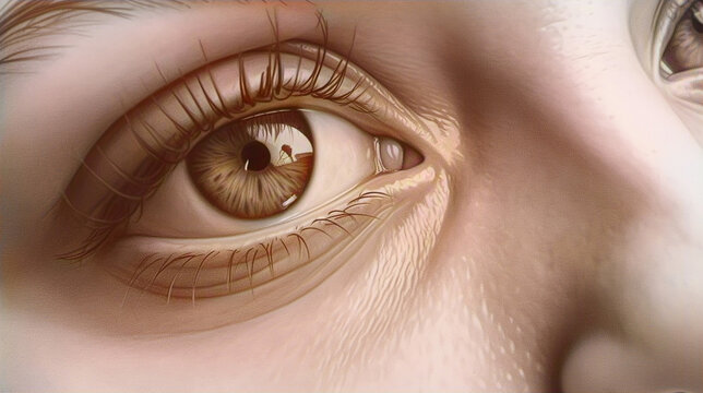close up and highly detailed illustration of two human eyes, clear eyelashes, brown iritis and clear reflection in pupils