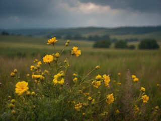 Green meadow with wildflowers landscape