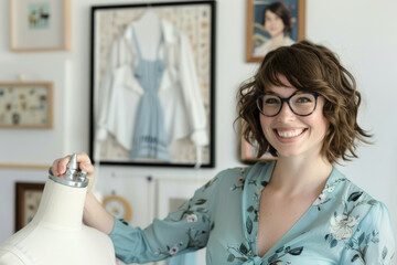 A beautiful woman with brown hair is measuring the waist of a mannequin in a blue dress on a white background, wearing glasses and smiling