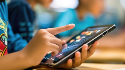 student uses an interactive tablet with an adaptive learning program that automatically adjusts to their individual pace of learning and knowledge level