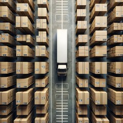 truck passing through stacked and neatly arranged boxes