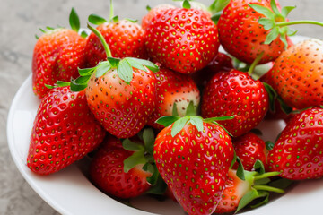 fresh strawberries. Fresh red strawberries lie on a white deep plate, top view close-up fruit concept