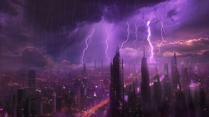 A city is illuminated by a purple-hued lightning storm