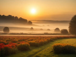 Fototapeta premium Beautiful rural landscape with sunrise and blossoming meadow