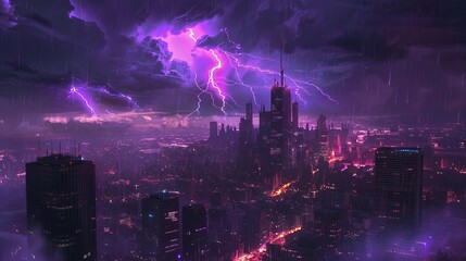 Obraz premium A city is illuminated by a purple-hued lightning storm
