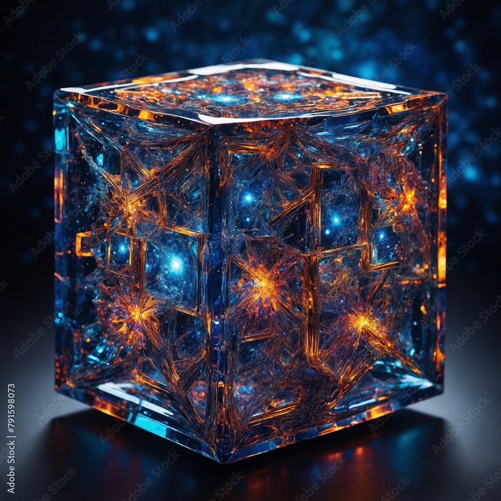 Poster mesmerizing cube radiates with intricate interplay of light, shadow, capturing essence of cosmic spe