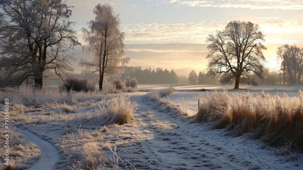 Aufkleber snowy path through field with trees in background