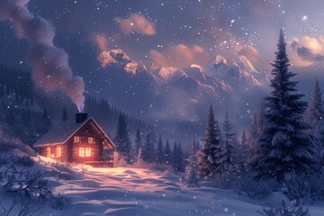 A warm, inviting cabin in a snowy mountain landscape during a tranquil winter evening with falling snowflakes.