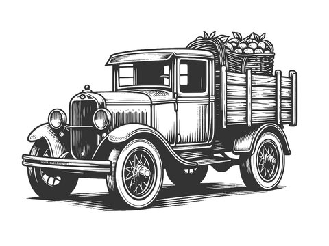 old-fashioned farm truck in a rustic countryside setting sketch engraving generative ai fictional character raster illustration. Scratch board imitation. Black and white image.