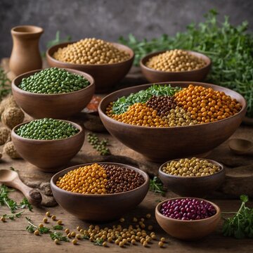 Various types of legumes displayed in wooden bowls on rustic table, showcasing rich diversity of colors, shapes. Largest bowl in center filled with mix of green, yellow, brown legumes.