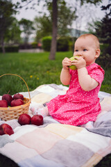 A toddler in a pink dress sits on a blanket in the grass, taking a bite from a fresh apple.