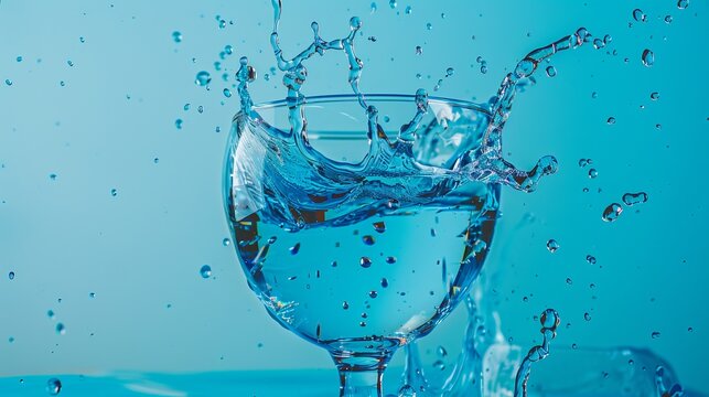 A splash of water drops in a glass, colored blue, captures a moment of impact