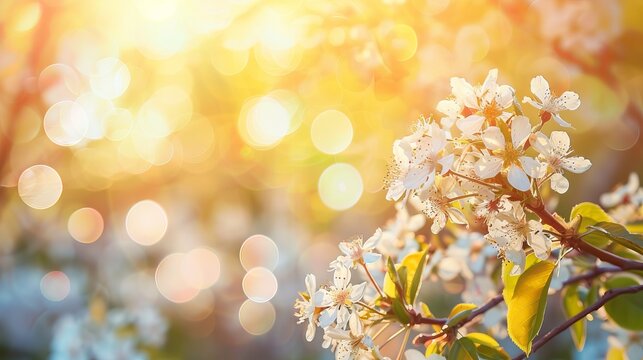 A spring blossom background with blooming trees under a sunny sky offers an abstract and blurred natural scene