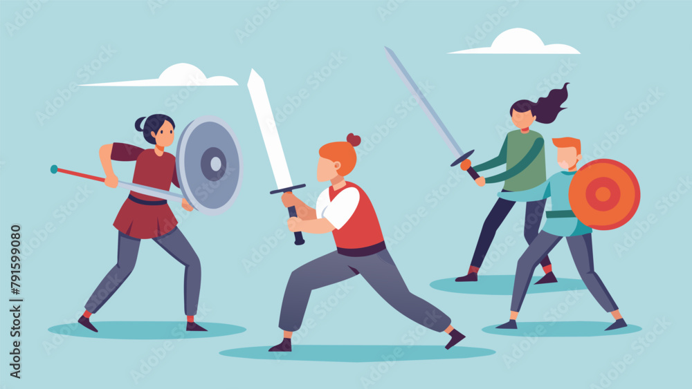 Poster a beginners class starts their weapons training with foam swords and shields familiarizing themselve