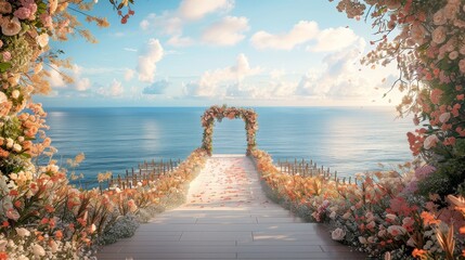 A beautiful wedding ceremony is held on a cliff overlooking the ocean. The walkway is decorated with pink and white flowers, and the archway is adorned with a floral arrangement. The sun is setting, a