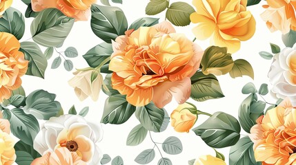 Seamless Spring Floral Pattern, Yellow Rose Flowers and Green Tree Branches on a White Background