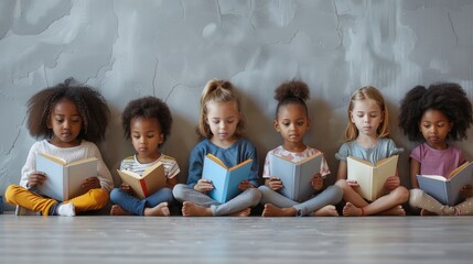 A diverse children sitting in an organized row on the floor, each reading books against a plain...