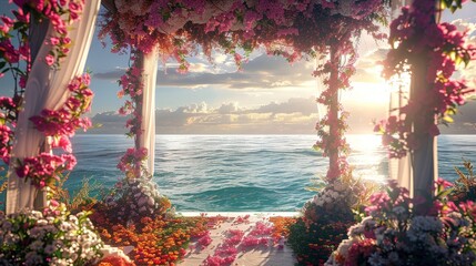 A beautiful wedding arch decorated with pink flowers is located on a beach. The sun is setting over the ocean in the background. - obrazy, fototapety, plakaty