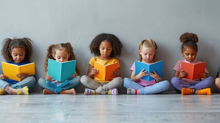 A diverse children sitting in an organized row on the floor, each reading books against a plain background. Generative AI.