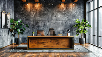 Stylish Modern Room with Creative Workspace, Wooden Furniture and Chic Decor, Industrial Loft Interior