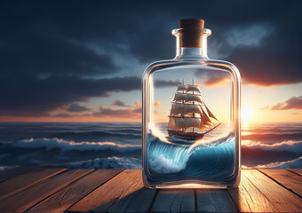Eine Glasflasche mit einem Segelschiff auf einem Holzbrett vor einem Meereshintergrund