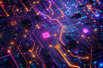 Digital technology background with geometric shapes bathed in vibrant neon hues intersect against a deep, obsidian backdrop, evoking a sense of dynamic connectivity and relentless innovation 