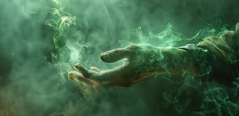 The green smoke on the arm, magic, Eastern sorcery. Generative AI. - obrazy, fototapety, plakaty