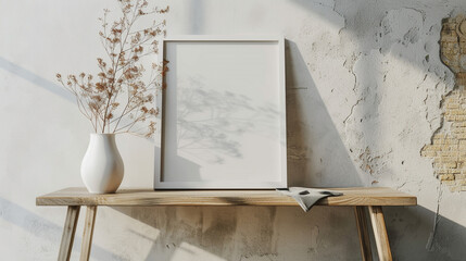 Against the backdrop of an industrial loft, a white empty frame hangs above a weathered wooden bench, adorned with a curated collection of vintage books and a single potted fern,