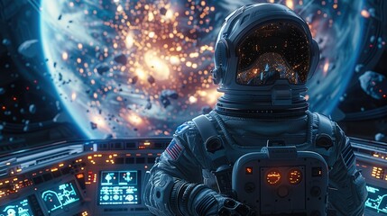 A male sci-fi space explore, wearing high-tech sci-fi space suit with full face helmet, standing on the command deck of a space ship, ship controls window view of a planet, nebula. Generative AI. - Powered by Adobe