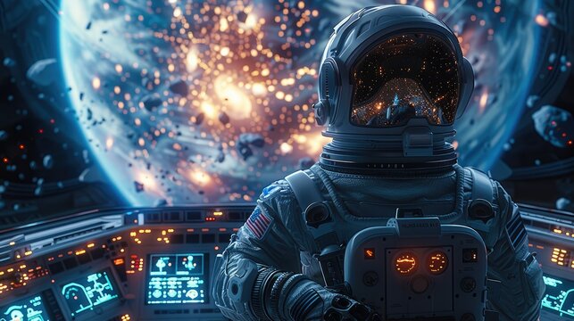 A male sci-fi space explore, wearing high-tech sci-fi space suit with full face helmet, standing on the command deck of a space ship, ship controls window view of a planet, nebula. Generative AI.