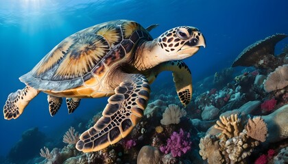 Fototapeta premium A critically endangered hawksbill sea turtle (Eretmochelys imbricata) glides over a reef off the island of Yap; Pacific Ocean, Yap, Micronesia
