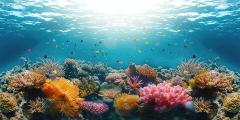 Fototapeta na wymiar A vibrant underwater coral reef bustling with marine life and colorful corals. Generative AI.