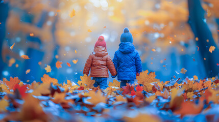 Happy children playing in autumn leaves