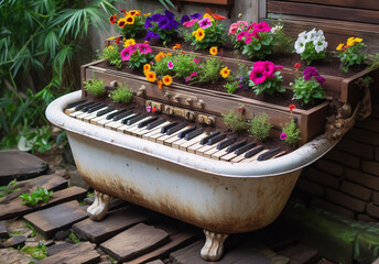 Ein weißes Klavier als Deko im Garten  mit blühenden Blumen bepflanzt