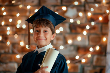A boy in a graduation gown with a certificate. The concept of success in youth