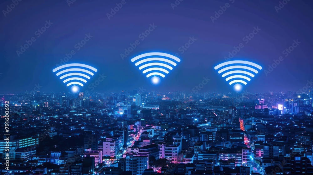 Poster modern city with wireless network connection and connection technology with city background at night