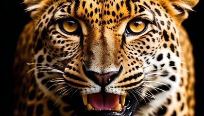 Naklejka premium Close up Of Leopard Mouth With Black Background 4K Wallpaper