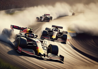 Formel 1 Rennwagen in einer Kurve mit Rauch