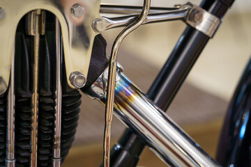 Close up and detail of a vintage motorcycle. Selective focus.
