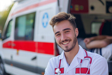 A medic smiles against the background of an ambulance
