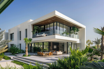 Modern contemporary villa, white and grey walls with glass windows, concrete facade, garden, front view, blue sky, palm trees, lush green plants, contemporary architecture design