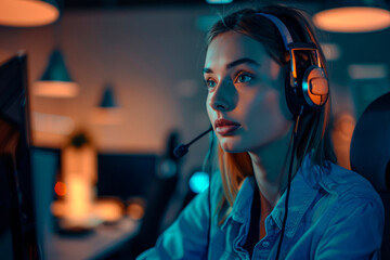 Call center employees wearing headphones with a microphone are always in touch. The concept of continuous technical support