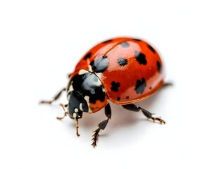 A close-up of a red ladybug with black spots on a white background