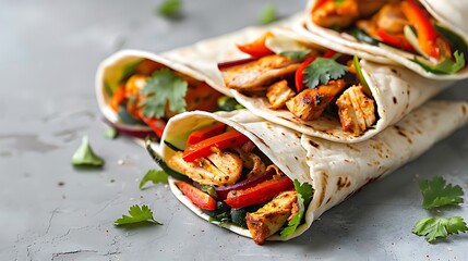 Stack of mexican street food fajita tortilla wraps with grilled buffalo chicken fillet and fresh vegetables light grey background - obrazy, fototapety, plakaty