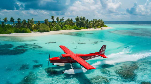 Seaplane near the tropical beach. Travel vacation concept. 