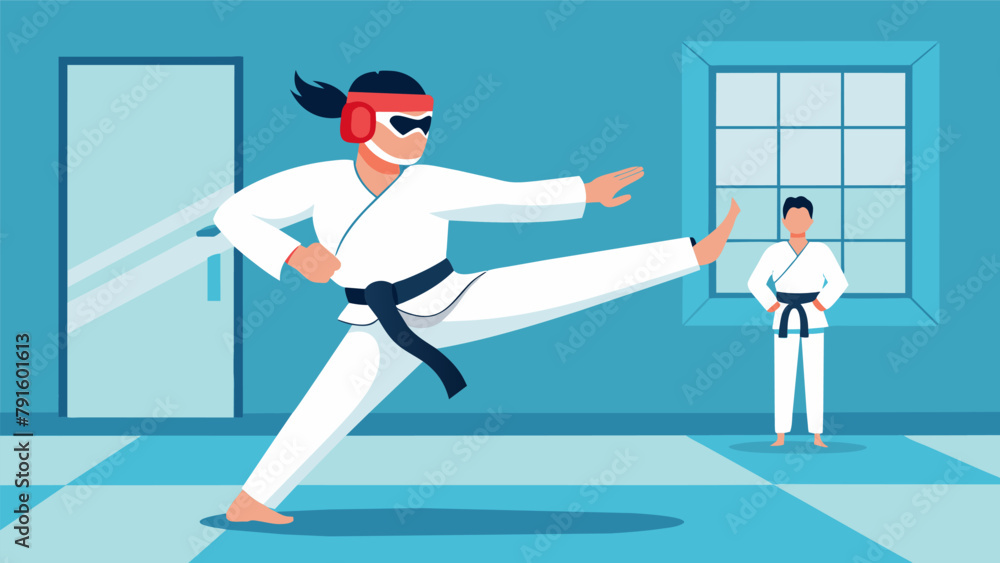 Poster a visually impaired individual trains in a modified taekwondo class relying on sensory cues and adap