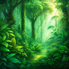 A lush, green forest with towering trees and a path that leads into the dense foliage.