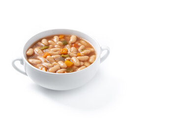 White beans soup with vegetables in white bowl isolated on white background - 791601661