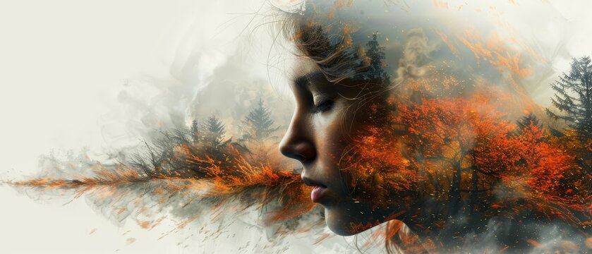 A beautiful girl with long flowing hair standing in a forest fire. The fire is all around her, but she is not afraid. She is at peace with herself and with the world.